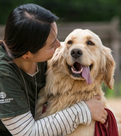A Women Holds Her Dog and looking at dogs Face